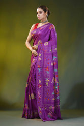 Purple silk kantha work saree with hand embroidered bullock cart motif 3