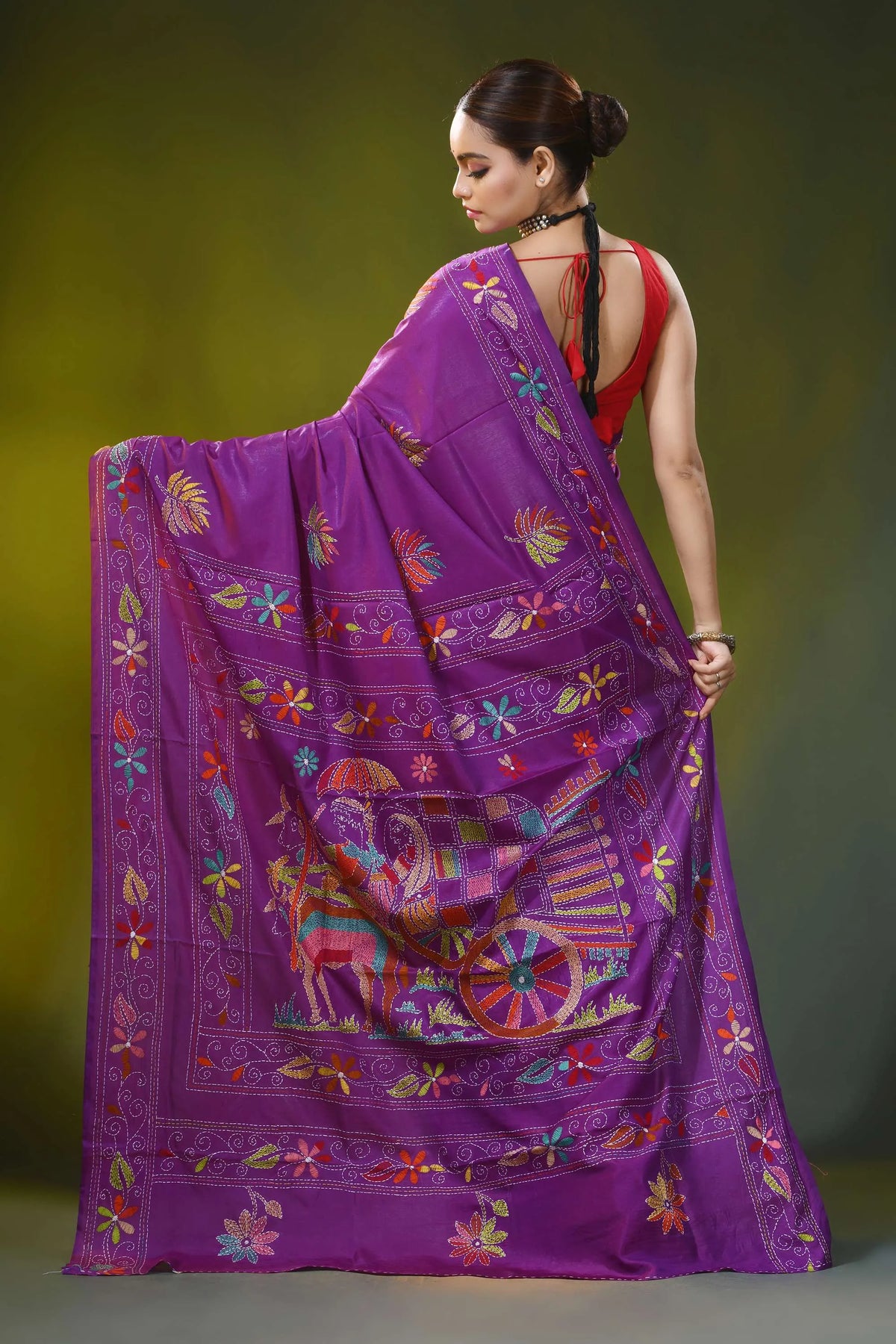 Purple silk kantha work saree with hand embroidered bullock cart motif 5