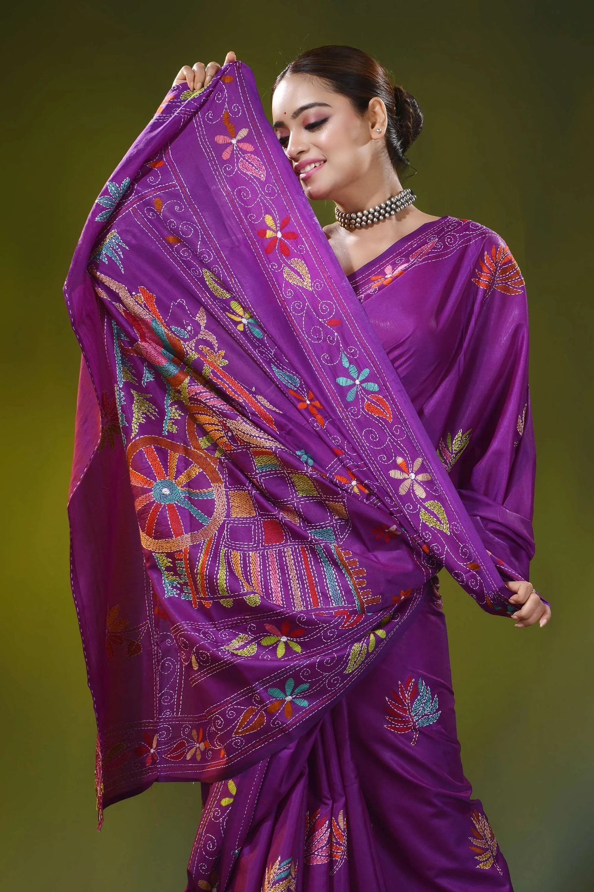 Purple silk kantha work saree with hand embroidered bullock cart motif 2