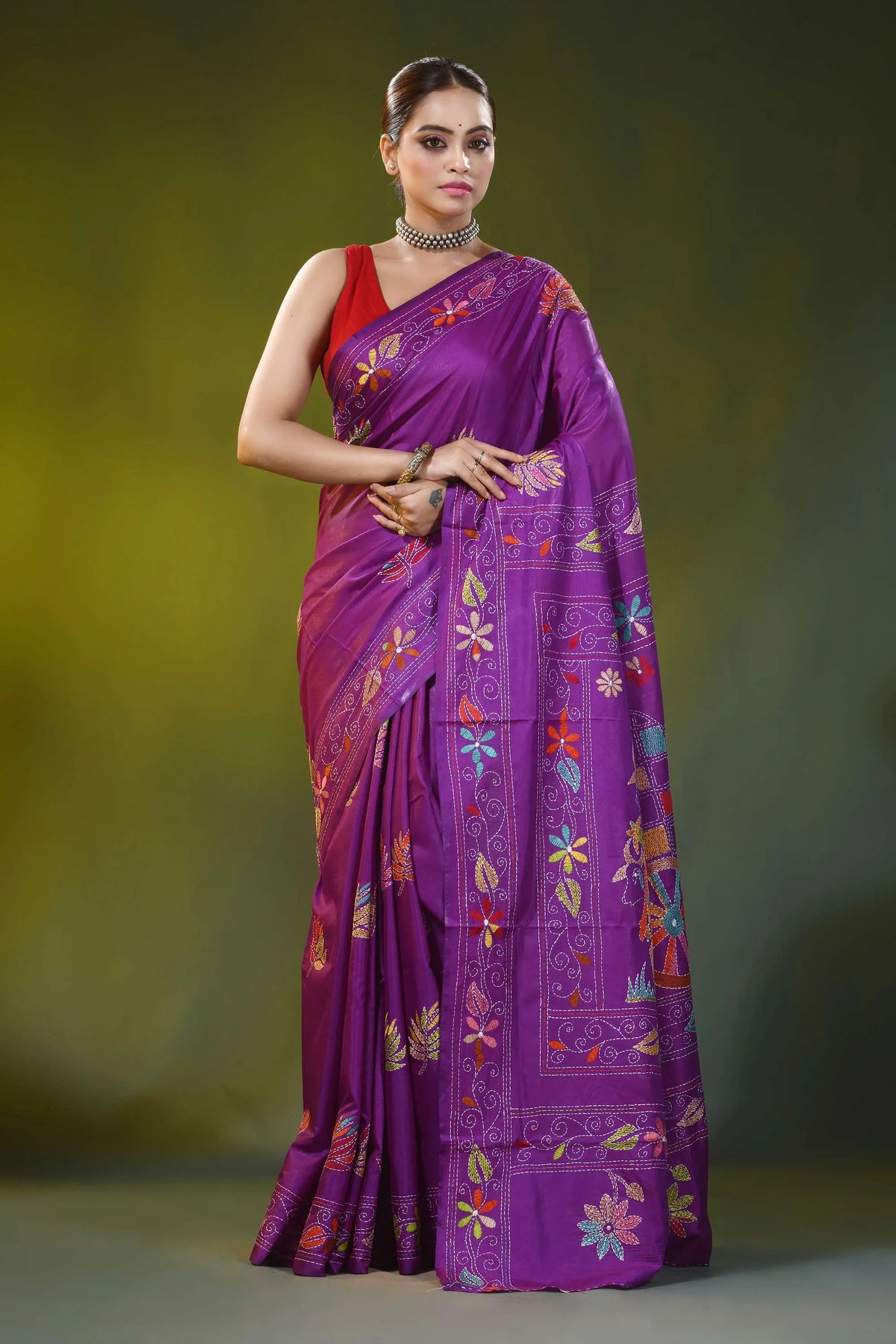 Purple silk kantha work saree with hand embroidered bullock cart motif 1