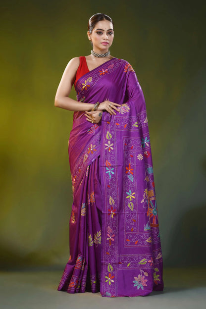 Purple silk kantha work saree with hand embroidered bullock cart motif 1