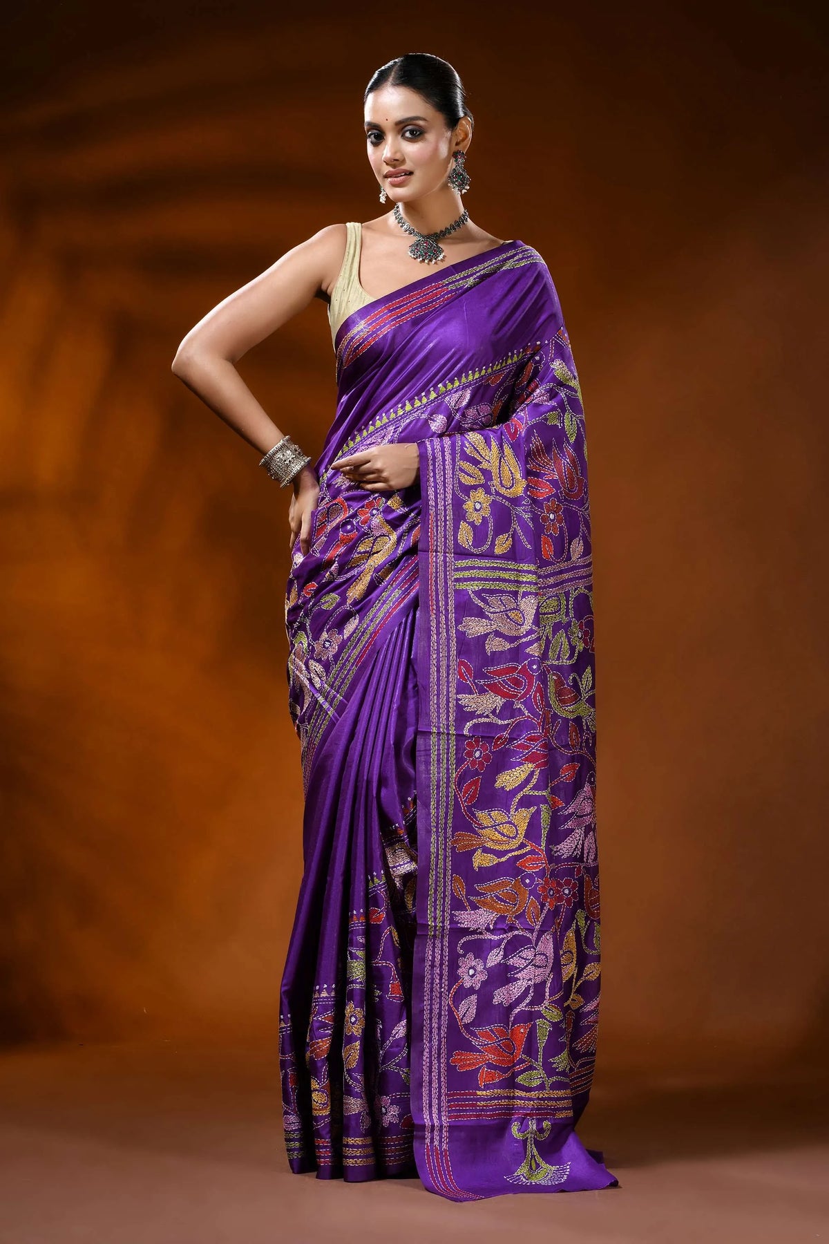 Purple silk kantha work saree with handcrafted bird floral motifs 1