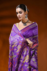 Purple silk kantha work saree with handcrafted bird floral motifs 2