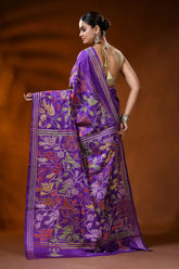Purple silk kantha work saree with handcrafted bird floral motifs 5