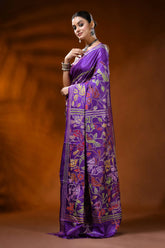 Purple silk kantha work saree with handcrafted bird floral motifs 3
