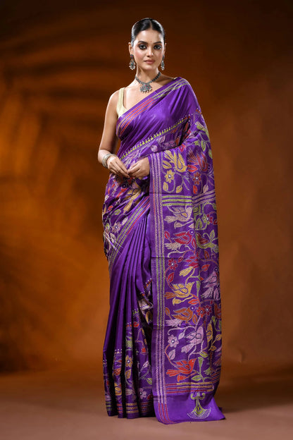 Purple silk kantha work saree with handcrafted bird floral motifs 6