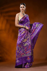 Purple silk kantha work saree with handcrafted bird floral motifs 4