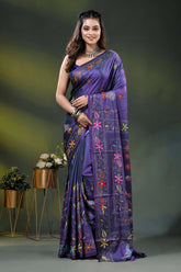 Purple silk kantha work saree with multicolor floral nature theme 1