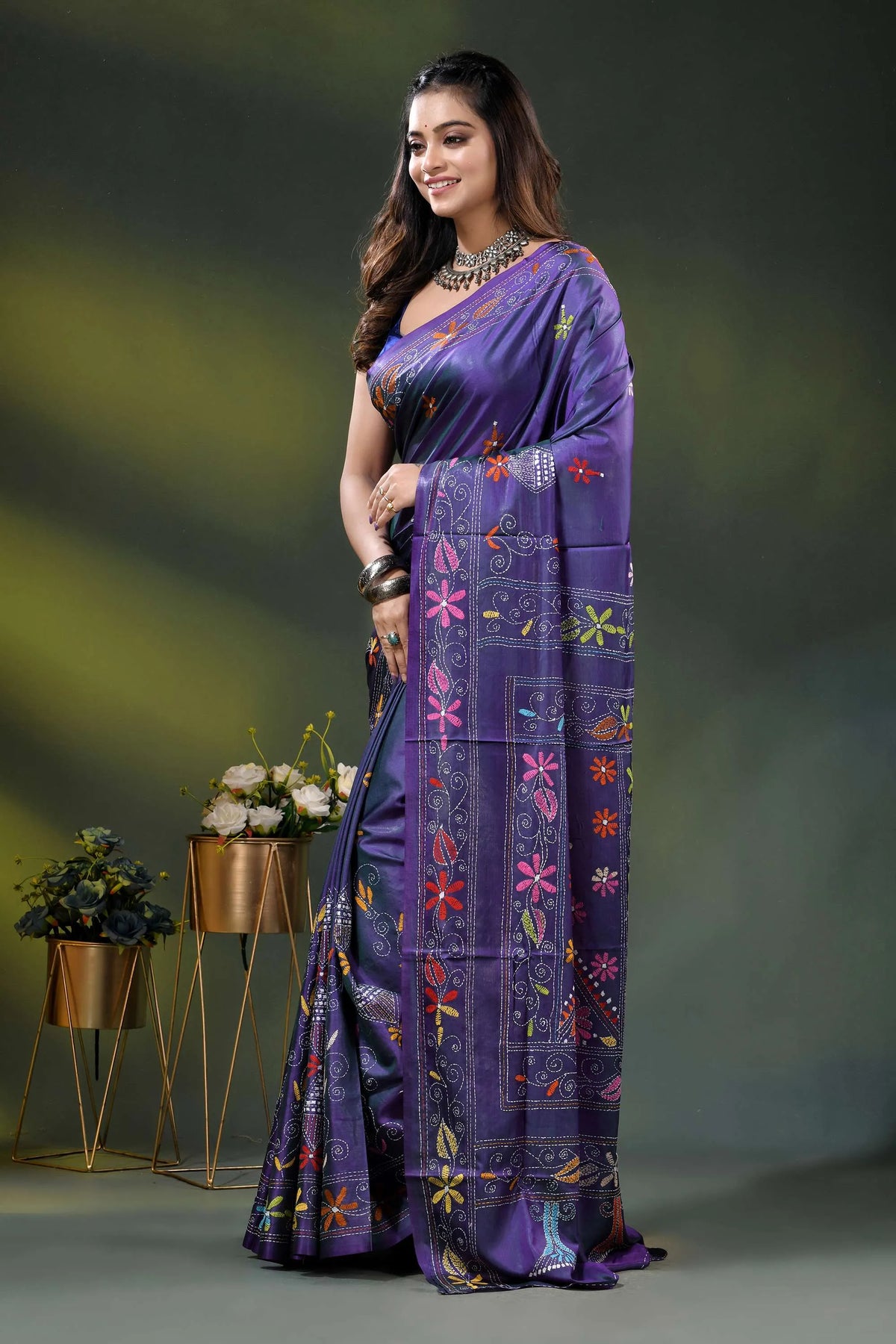 Purple silk kantha work saree with multicolor floral nature theme 3