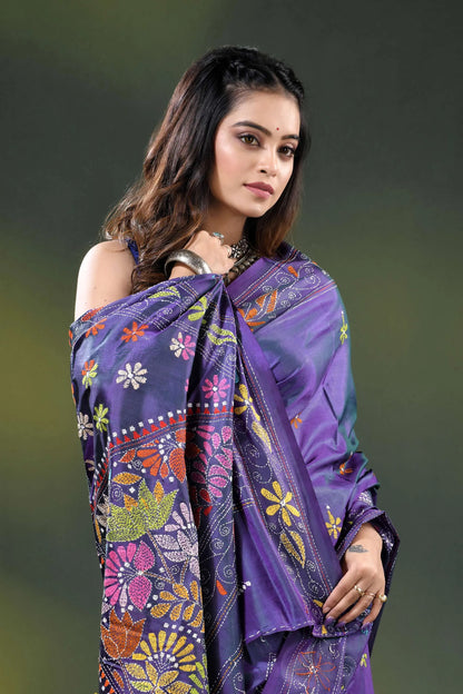 Purple silk kantha work saree with multicolor floral nature theme 2
