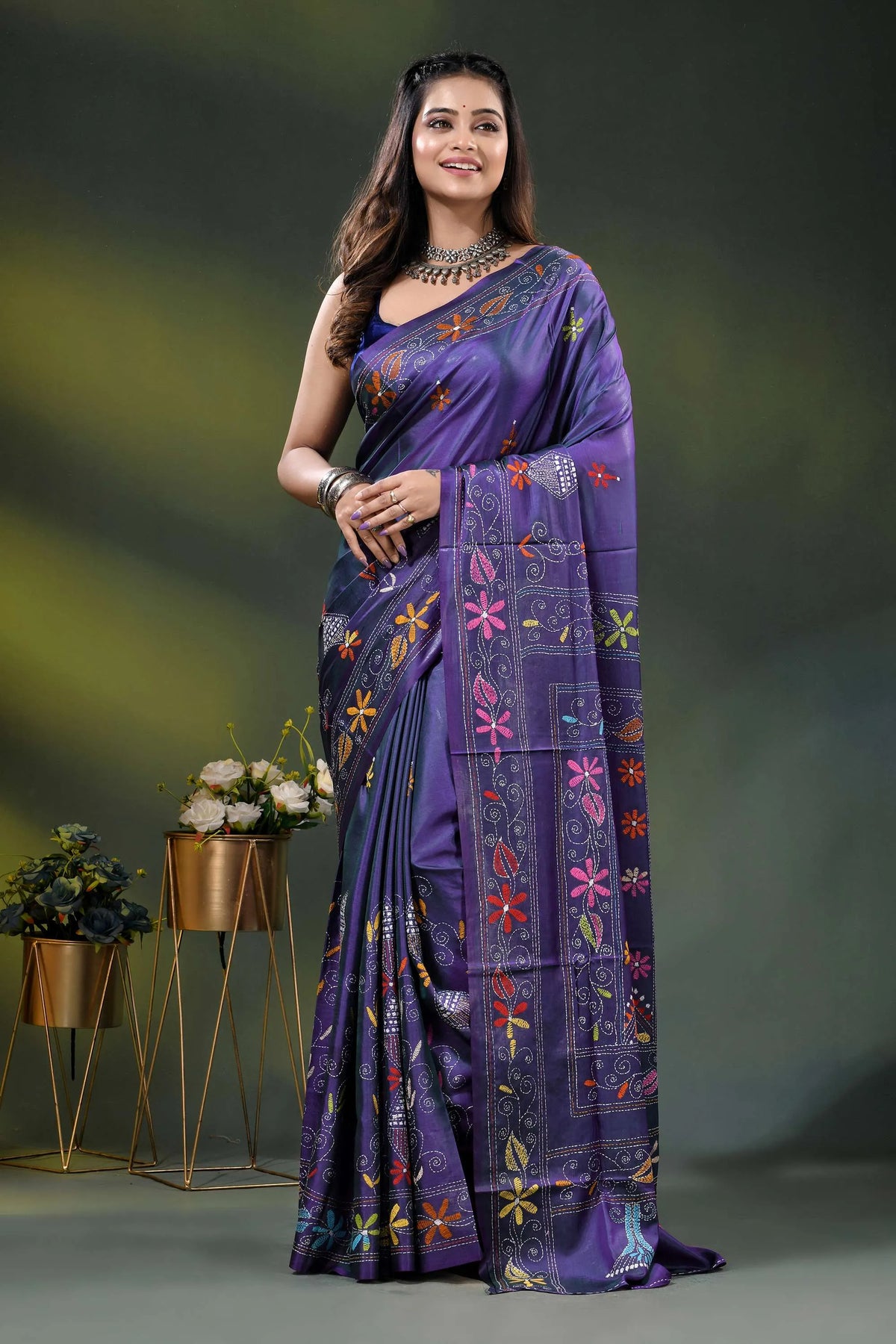 Purple silk kantha work saree with multicolor floral nature theme 6