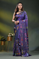 Purple silk kantha work saree with multicolor floral nature theme 6