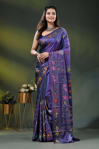 Purple silk kantha work saree with multicolor floral nature theme 6