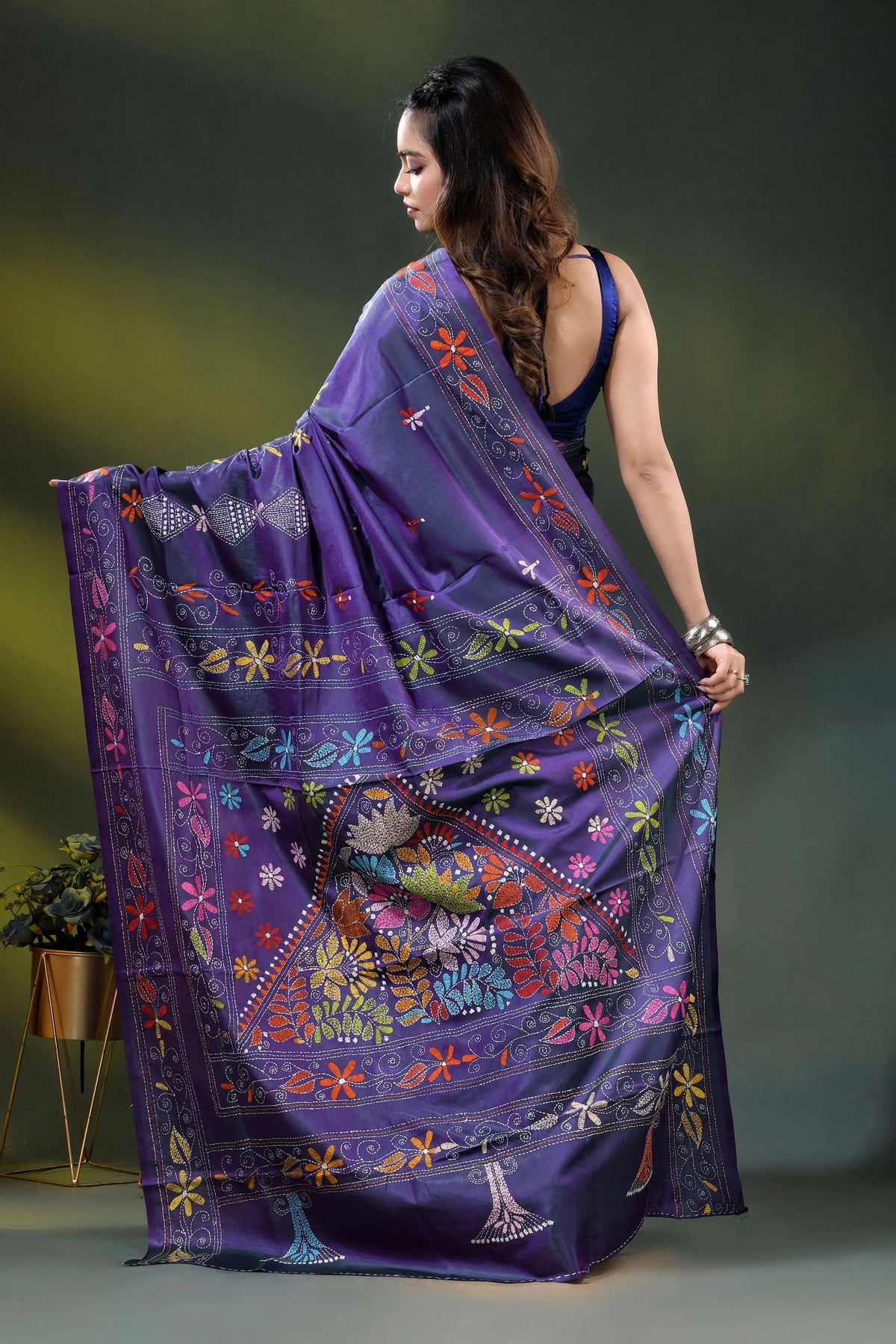 Purple silk kantha work saree with multicolor floral nature theme 5