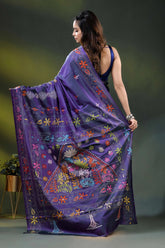 Purple silk kantha work saree with multicolor floral nature theme 5