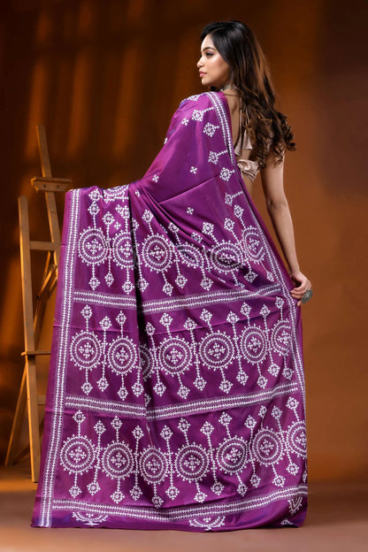 Purple silk kutch embroidered saree with handmade ethnic motifs 6