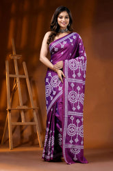 Purple silk kutch embroidered saree with handmade ethnic motifs 1