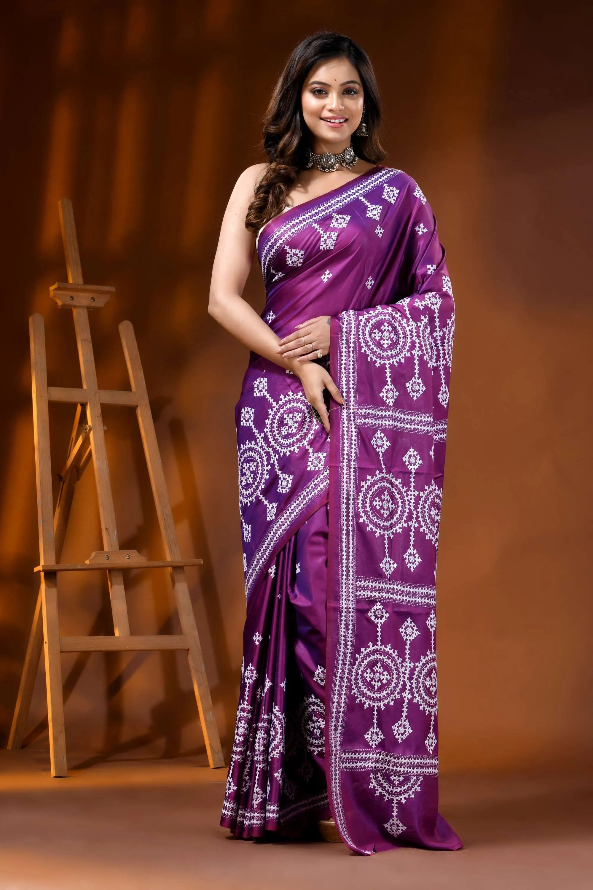 Purple silk kutch embroidered saree with handmade ethnic motifs 1
