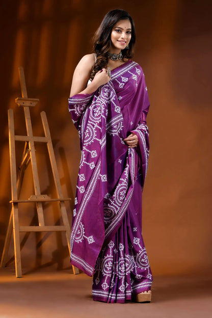 Purple silk kutch embroidered saree with handmade ethnic motifs 5