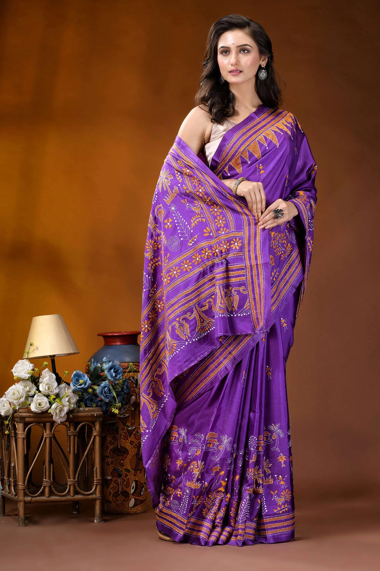 Purple village theme handmade kantha embroidery silk saree vibrant purple silk saree adorned 4