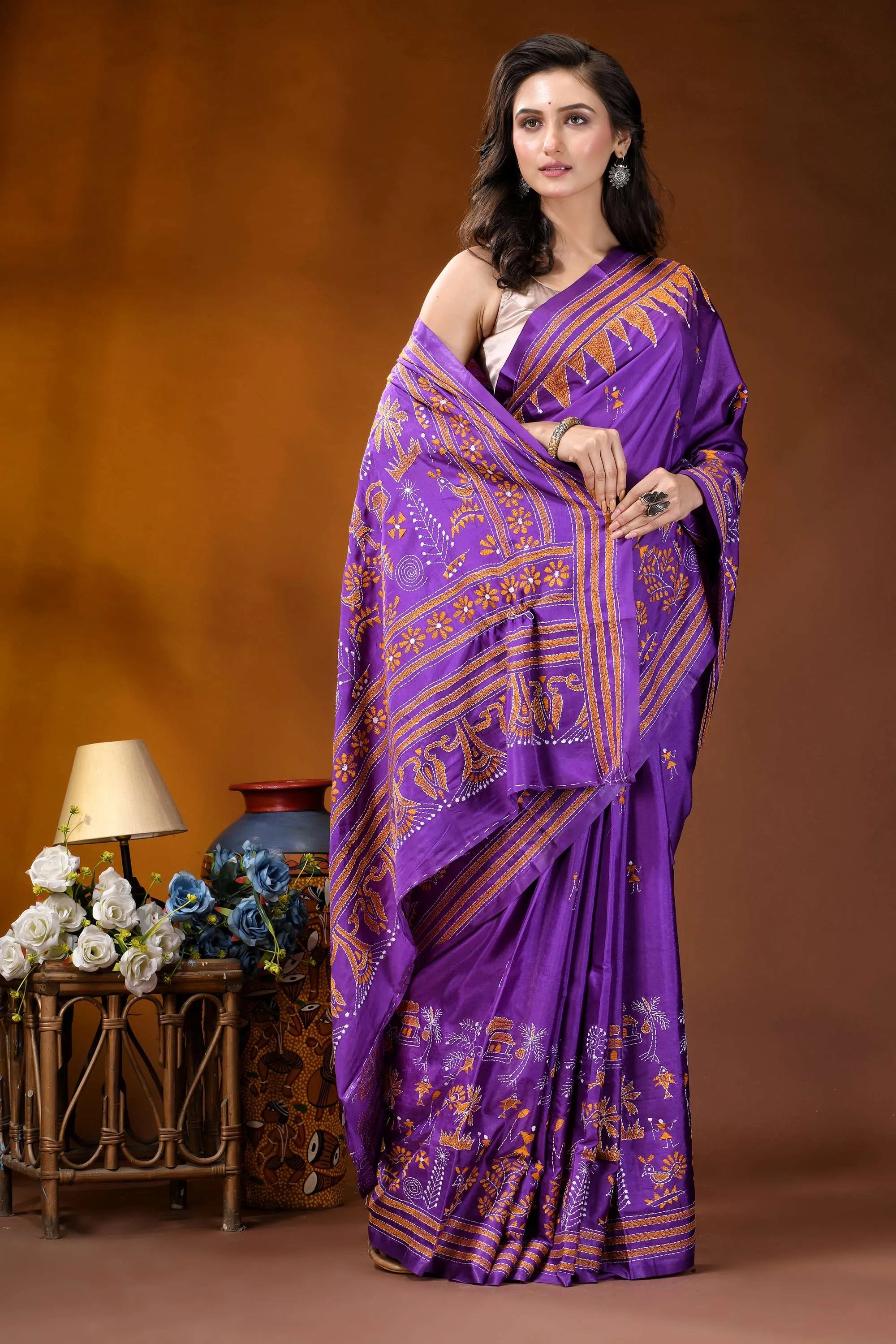 Purple village theme handmade kantha embroidery silk saree vibrant purple silk saree adorned 4