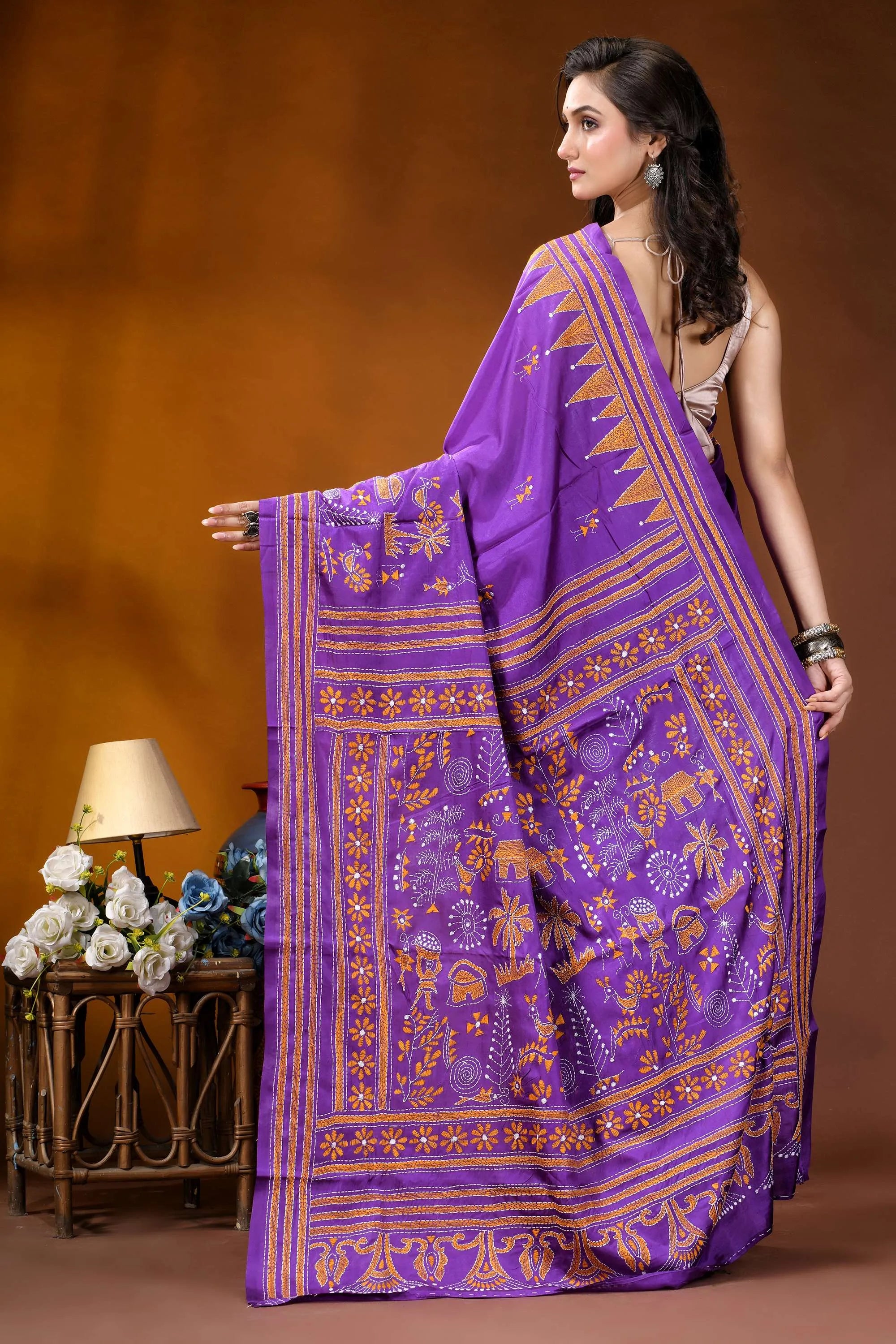Purple village theme handmade kantha embroidery silk saree purple silk saree intricate gold 5
