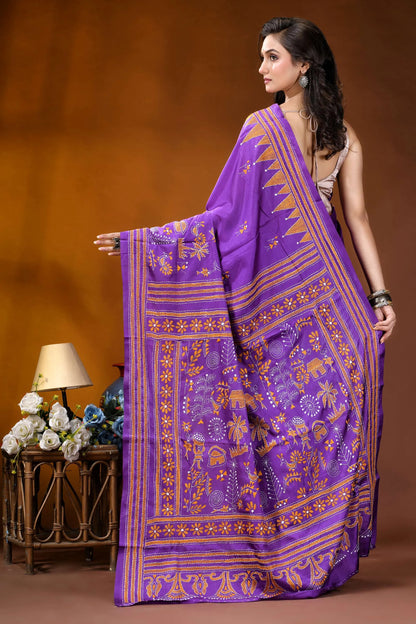 Purple village theme handmade kantha embroidery silk saree purple silk saree intricate gold 5