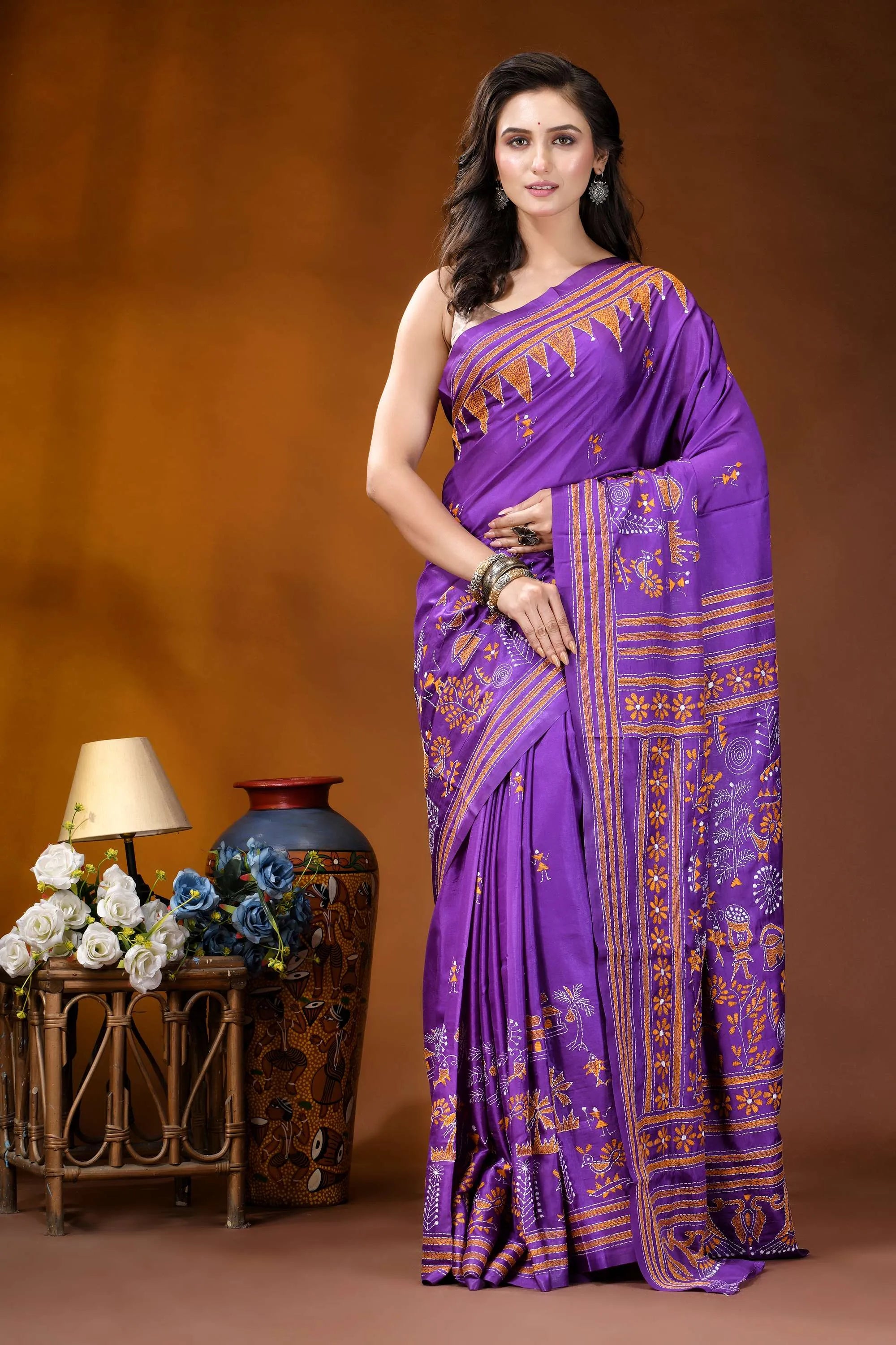 Purple village theme handmade kantha embroidery silk saree vibrant purple saree intricate golden 1