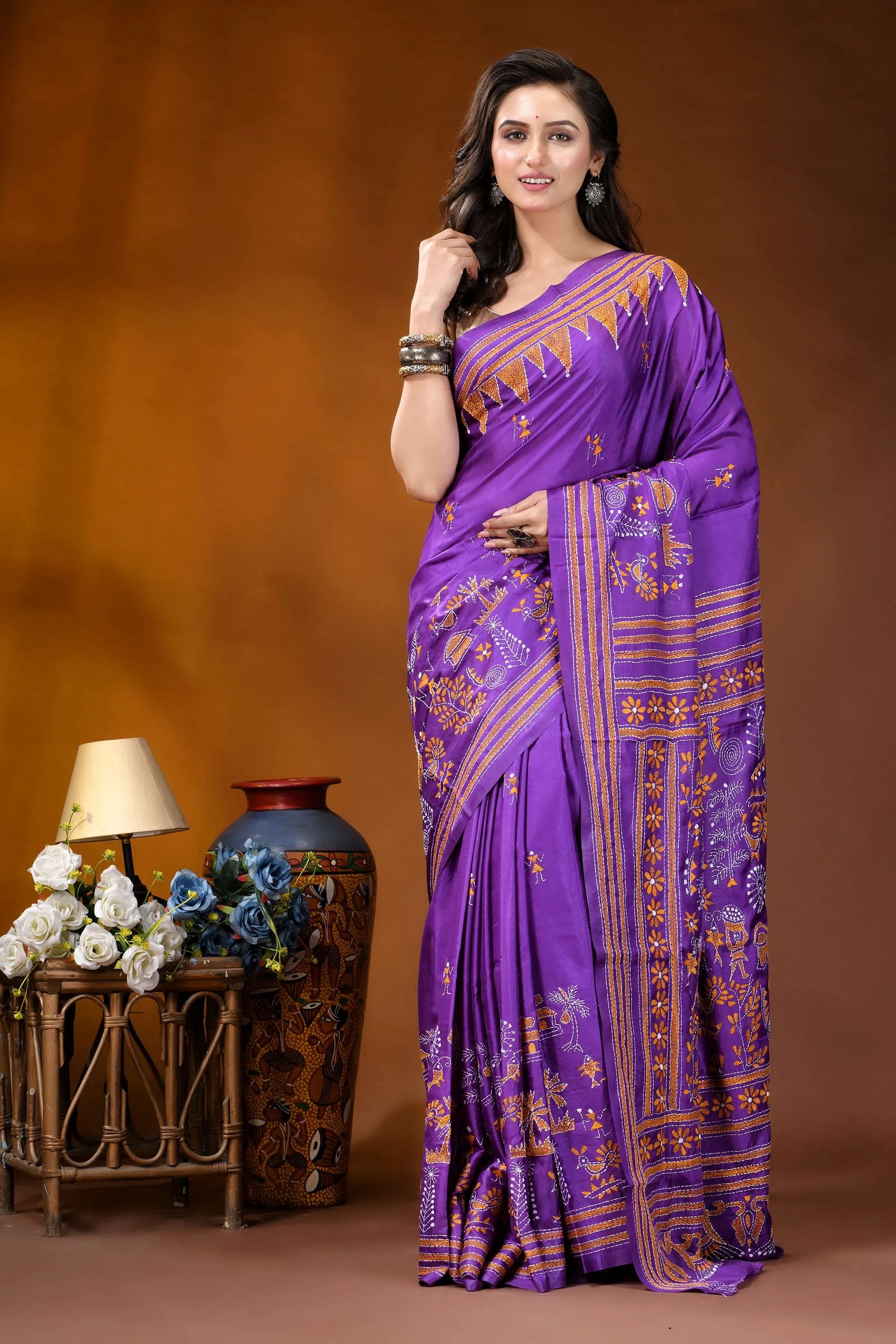 Purple village theme handmade kantha embroidery silk saree vibrant purple saree intricate golden 6