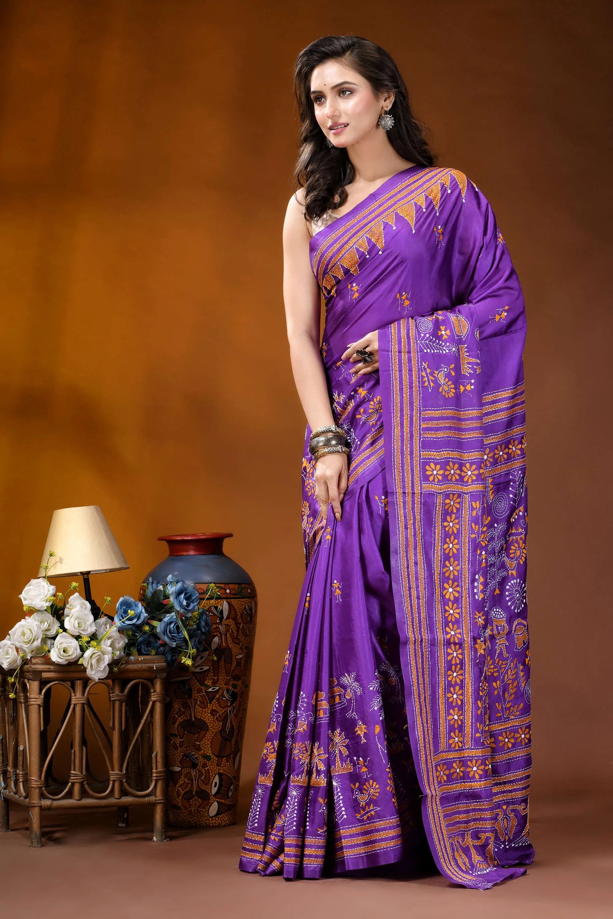 Purple village theme handmade kantha embroidery silk saree vibrant purple saree intricate golden 3