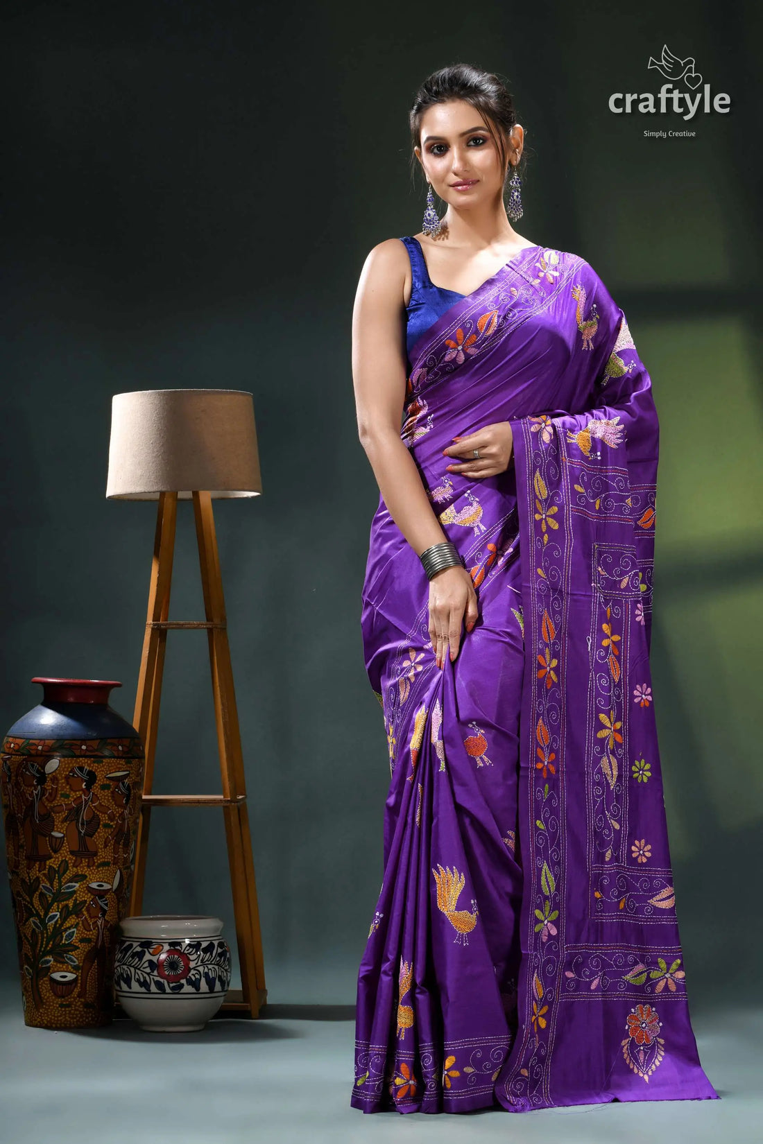 Purple violet peacock design ethnic silk kantha stitch saree purple saree floral embroidery silk 1