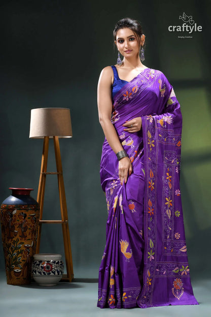 Purple violet peacock design ethnic silk kantha stitch saree purple saree floral embroidery silk 1