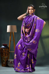 Purple violet peacock design ethnic silk kantha stitch saree purple silk saree gold floral 4