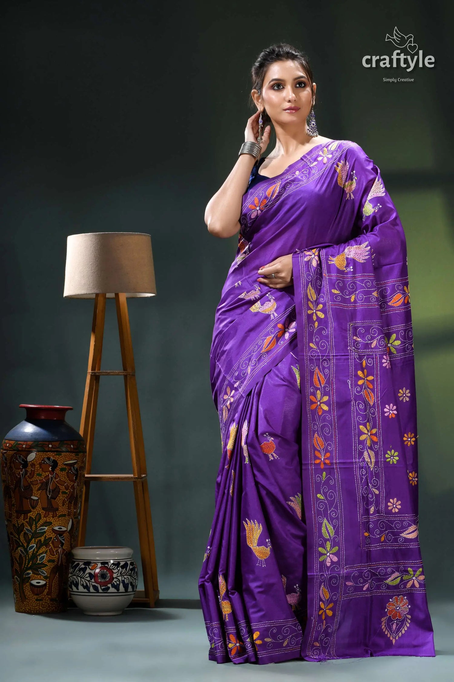 Purple violet peacock design ethnic silk kantha stitch saree purple floral saree gold accents 6
