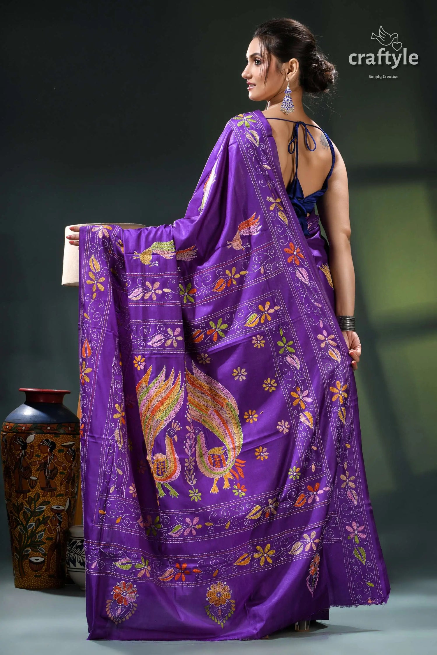 Purple violet peacock design ethnic silk kantha stitch saree purple peacock patterned sari gold 5
