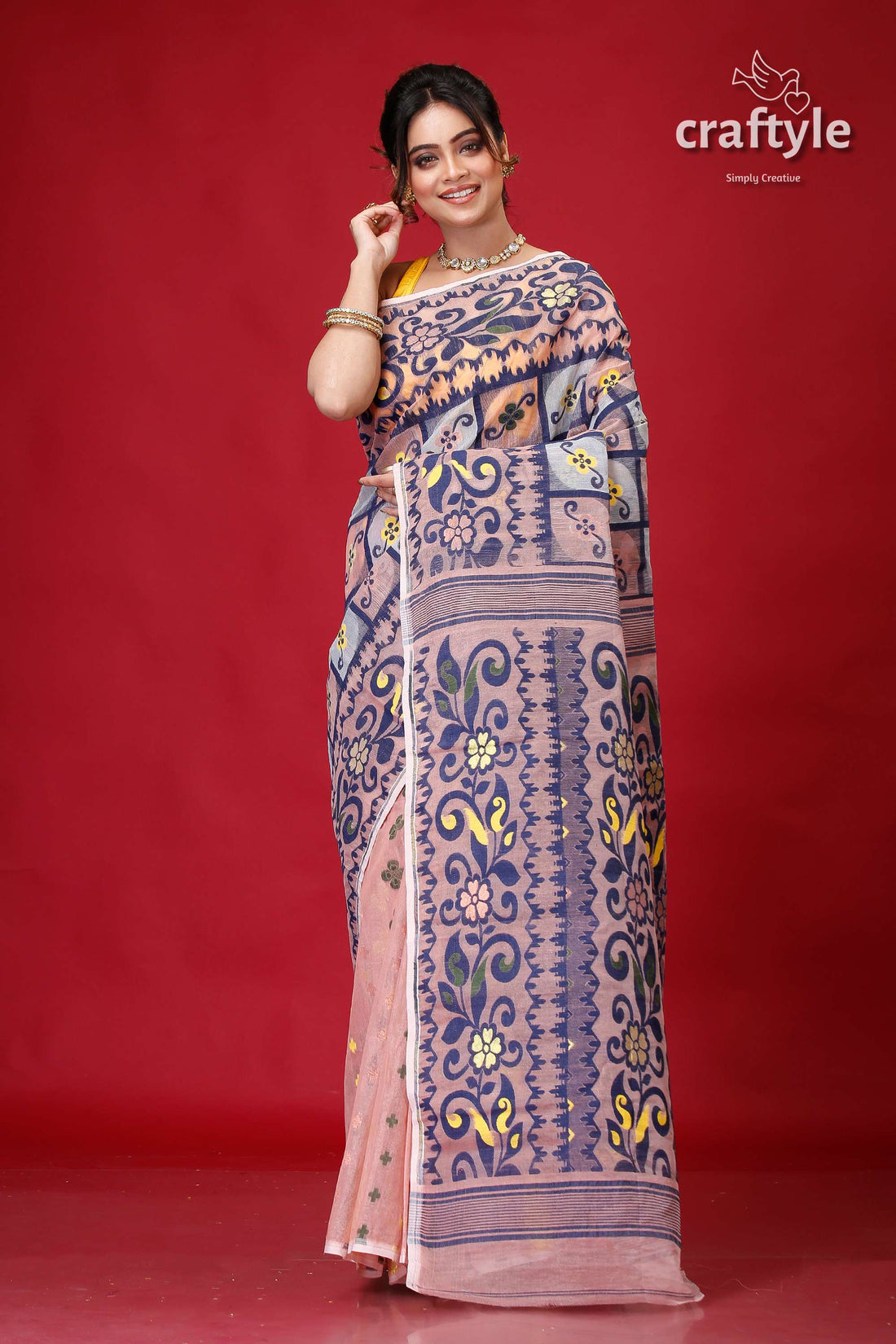 Queen Pink Traditional Bengal Jamdani Saree-Craftyle