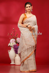 Qull Gray Copper Zari Bengal Handloom Linen Jamdani Saree - Craftyle
