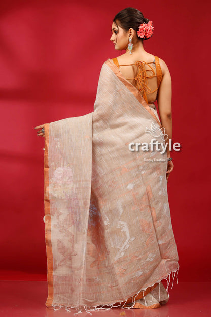 Qull Gray Copper Zari Bengal Handloom Linen Jamdani Saree - Craftyle
