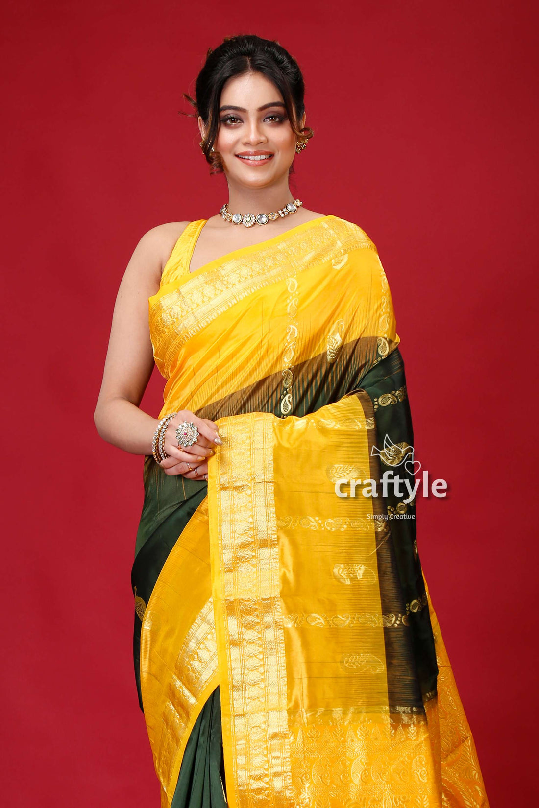 Racing Green &amp; Yellow Festive Kanjivaram Silk Saree-Craftyle