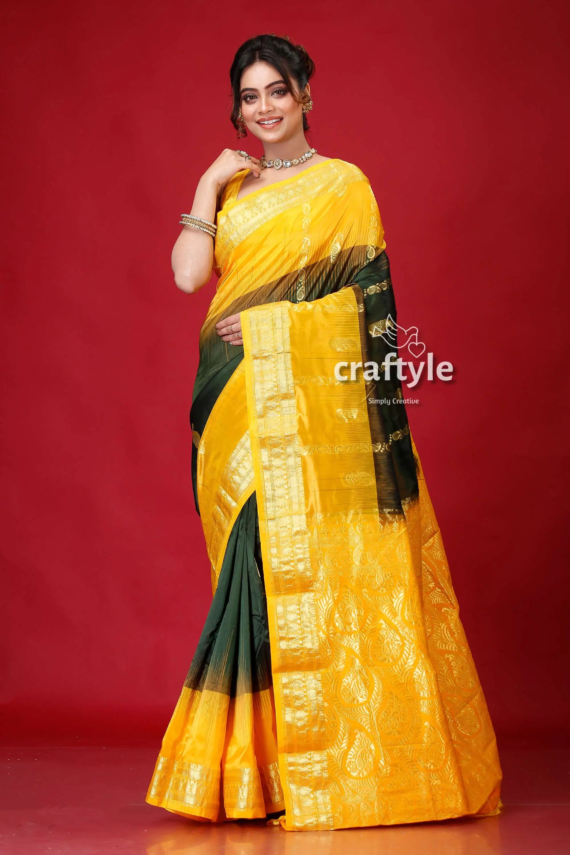 Racing green &amp; yellow festive kanjivaram silk saree woman yellow green saree 1