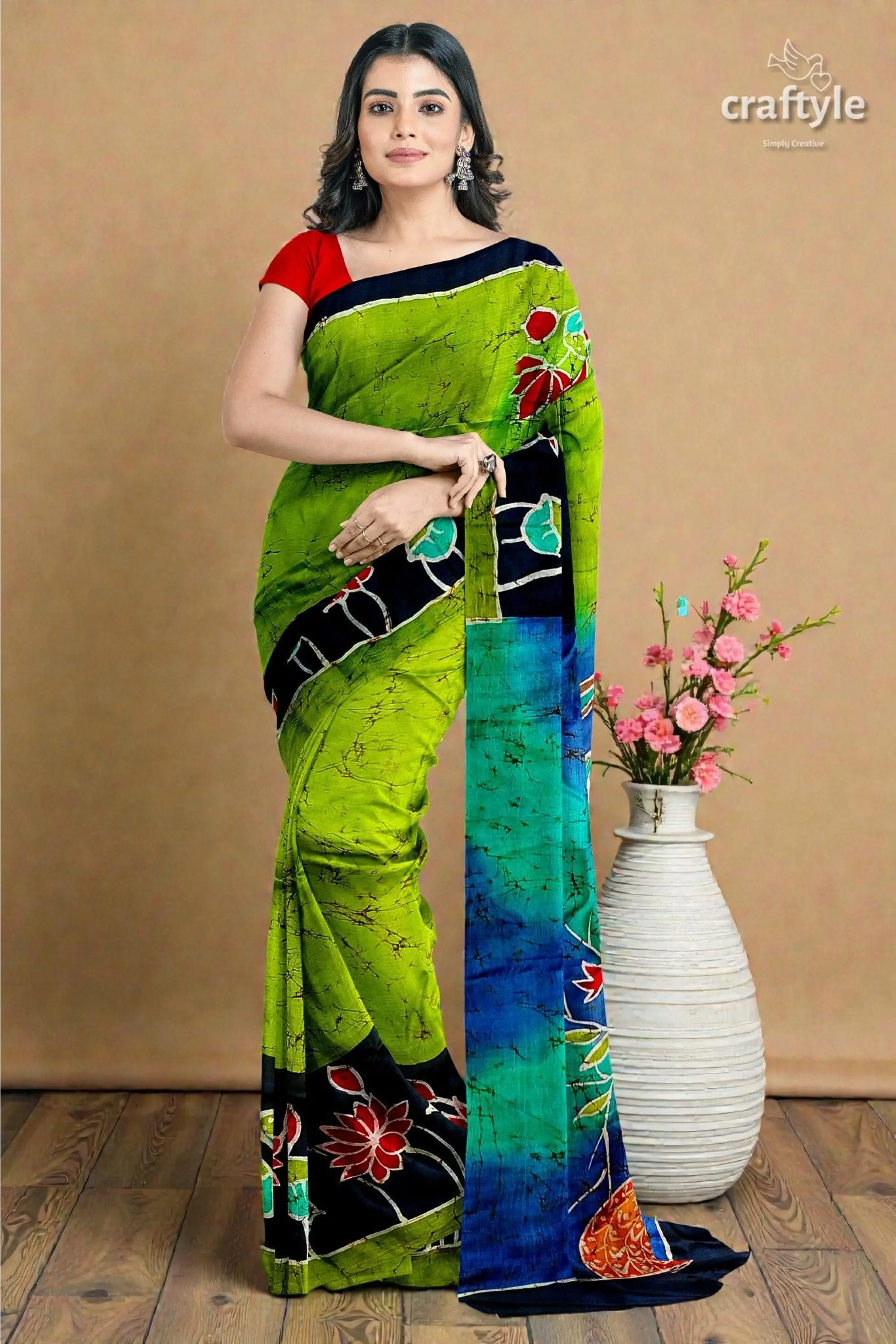 Radha krishna design handmade batik silk saree - mulberry pure fabric 2