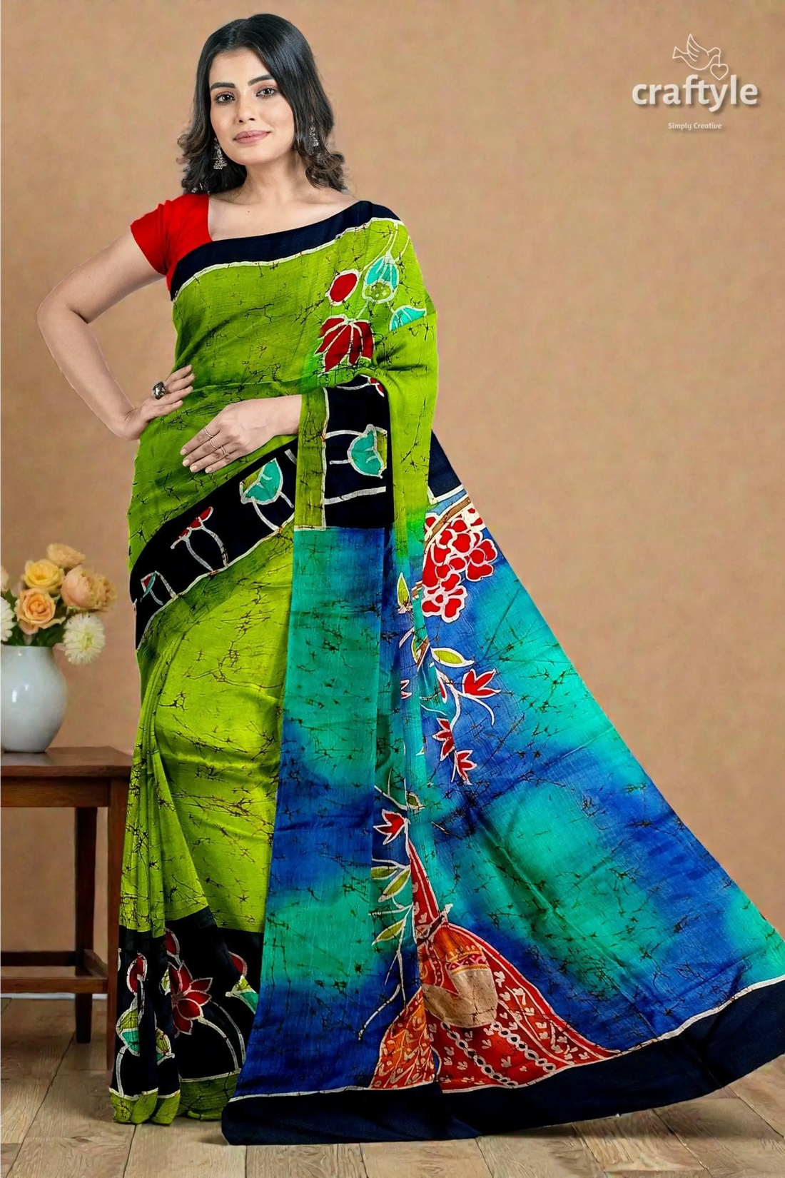 Radha krishna design handmade batik silk saree - mulberry pure fabric 1