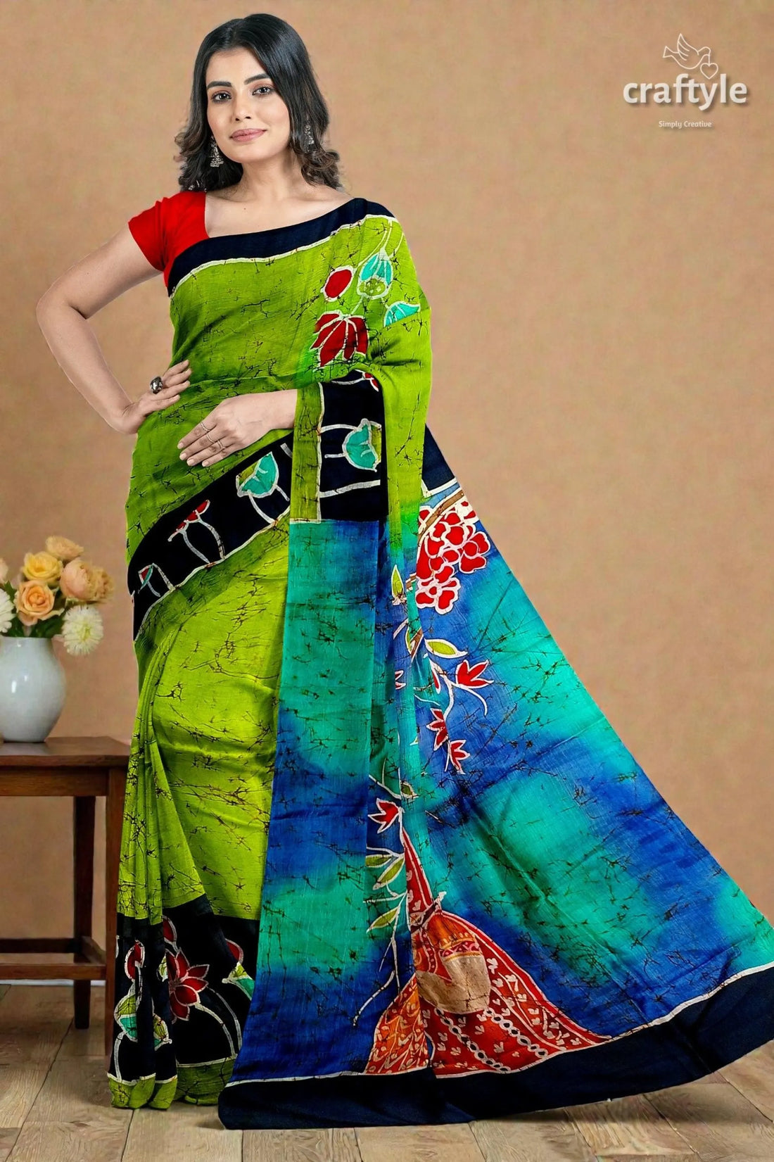 Radha krishna design handmade batik silk saree - mulberry pure fabric 1