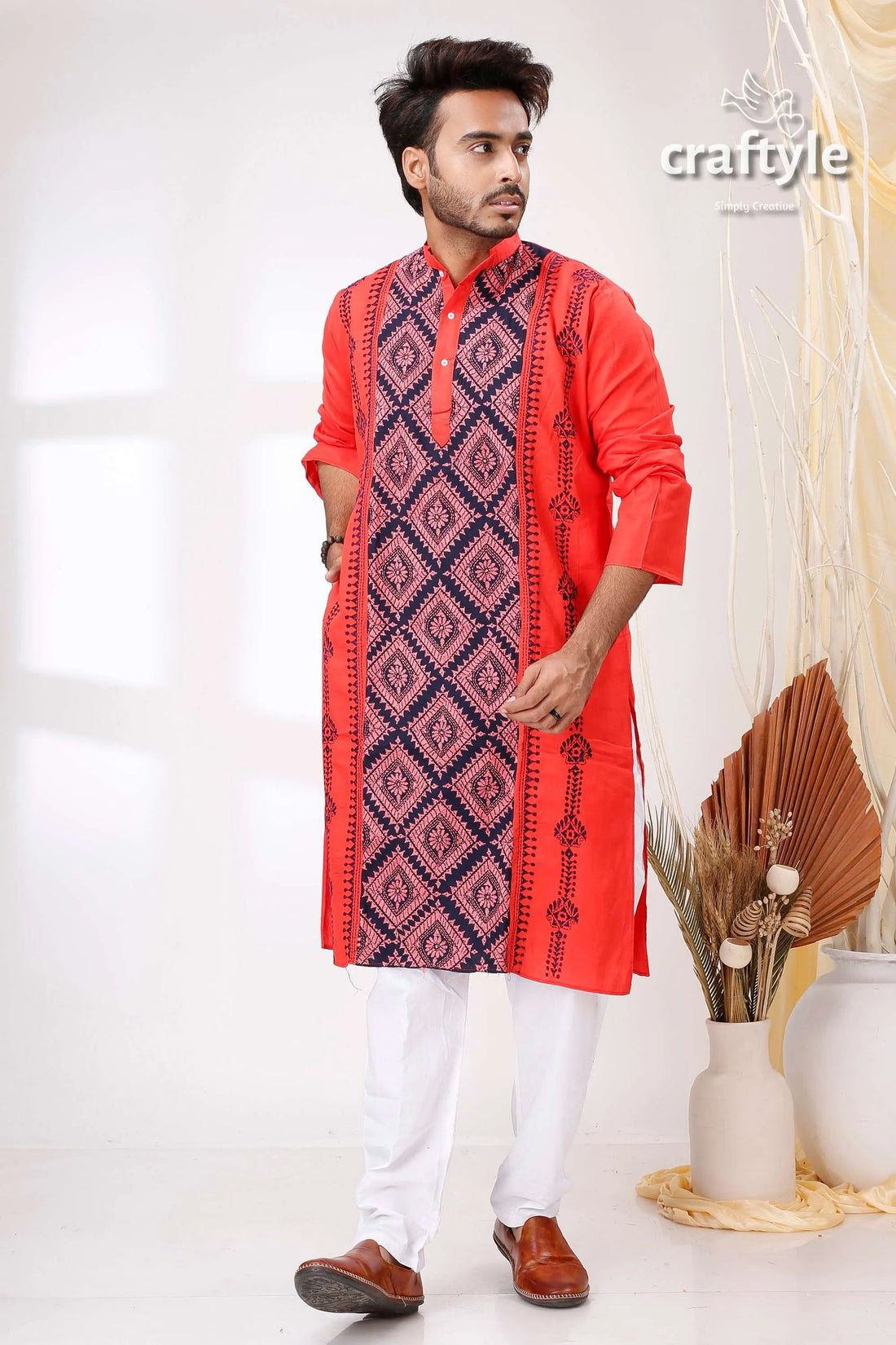 Radical red and black hand kantha work menās kurta man red patterned kurta 1