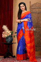 Radical red and blue hand block print mulberry pure silk saree blue orange saree 4