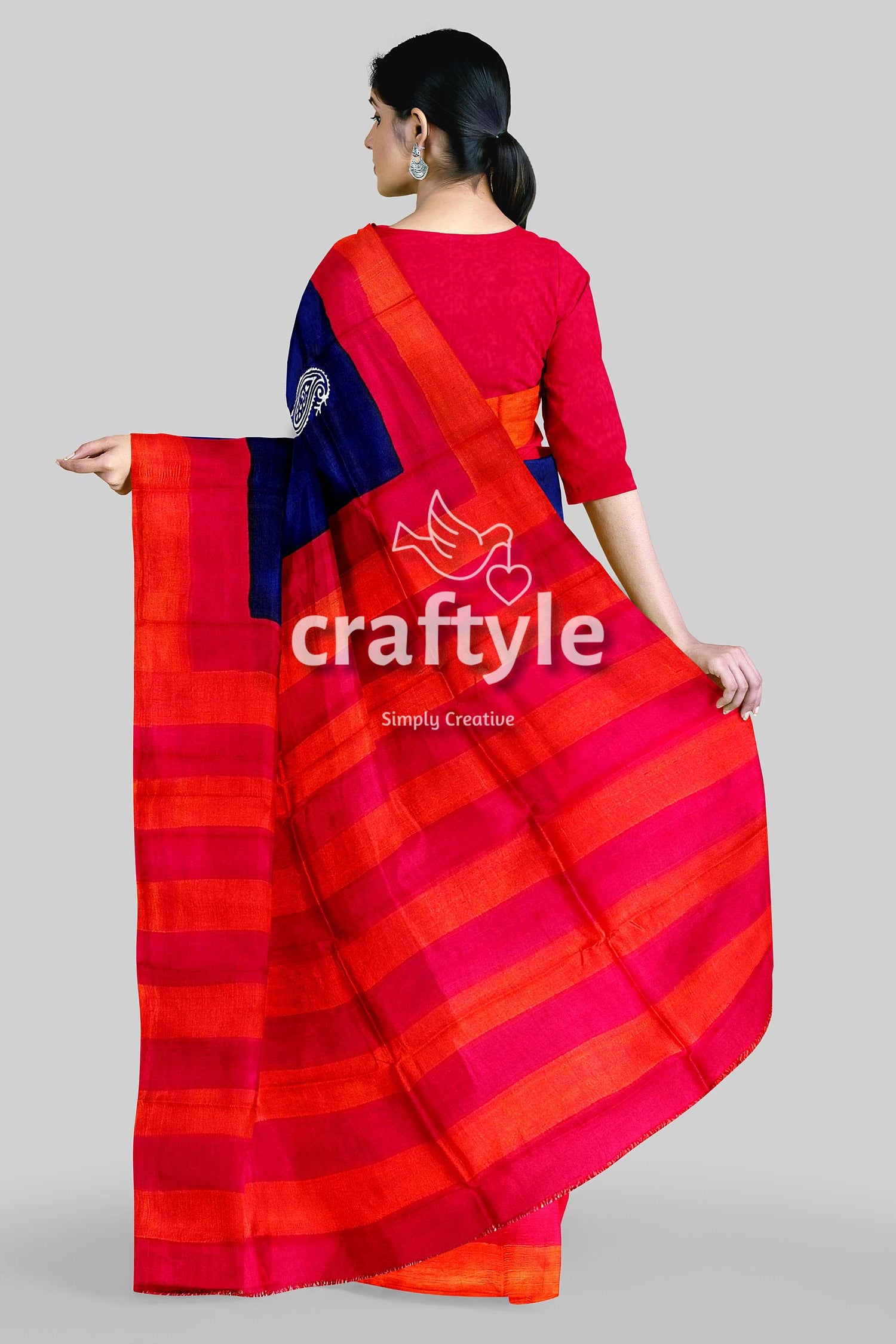 Radical Red and Blue Hand Block Print Mulberry Pure Silk Saree - Craftyle