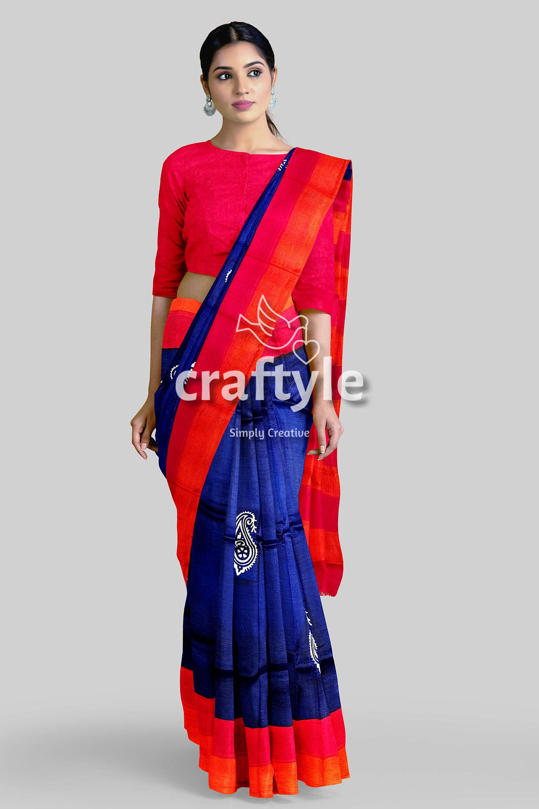 Radical Red and Blue Hand Block Print Mulberry Pure Silk Saree - Craftyle