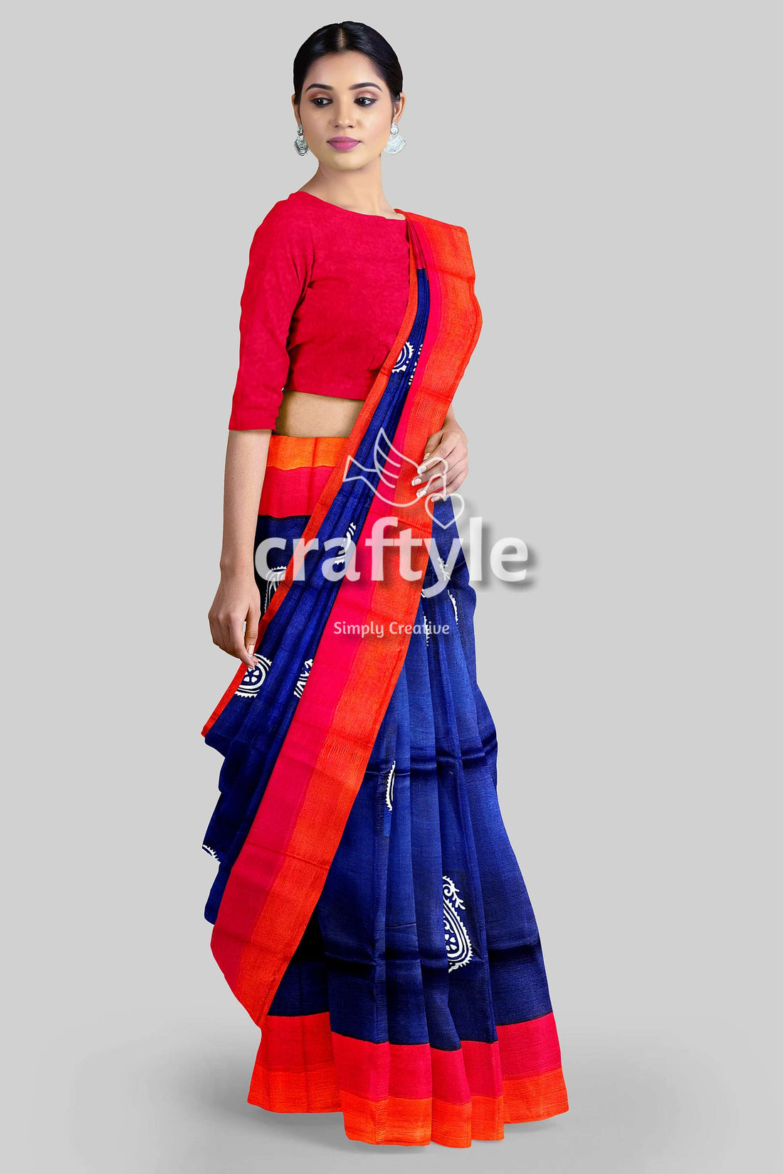 Radical Red and Blue Hand Block Print Murshidabad Pure Silk Saree-Craftyle
