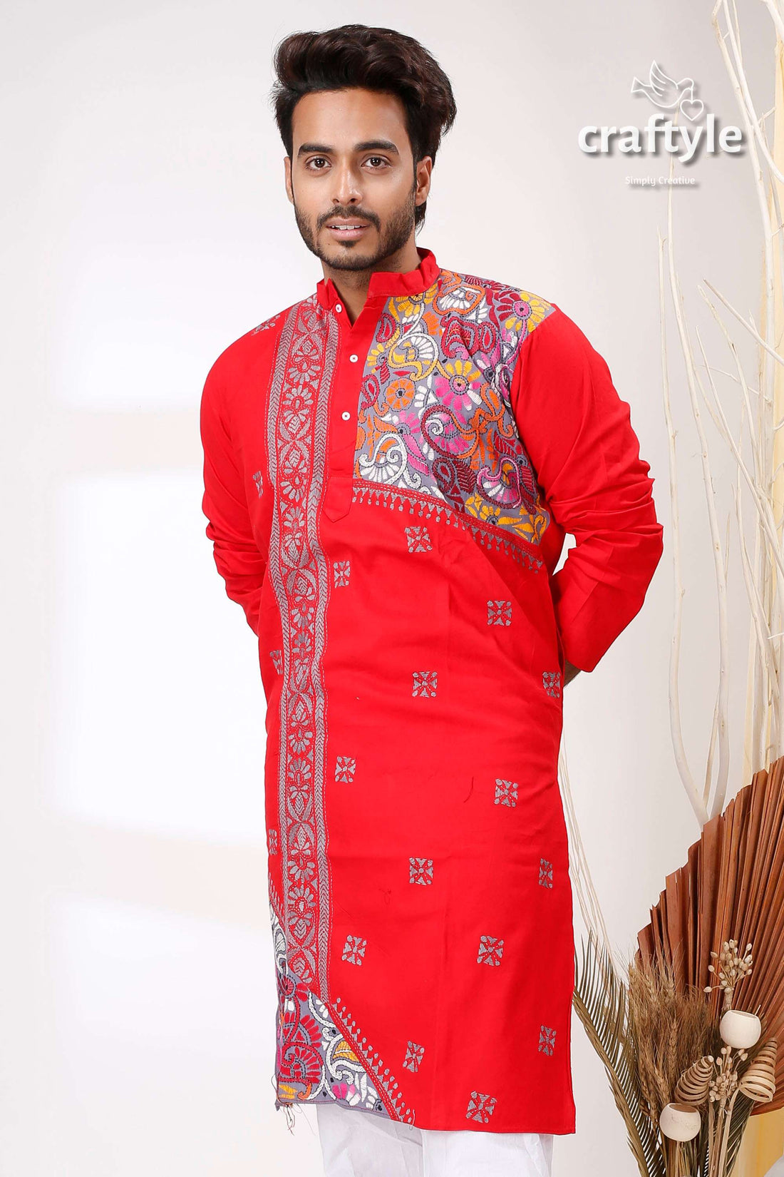 Radical Red and Grey Kantha Stitch Designer Cotton Panjabi for Men - Craftyle