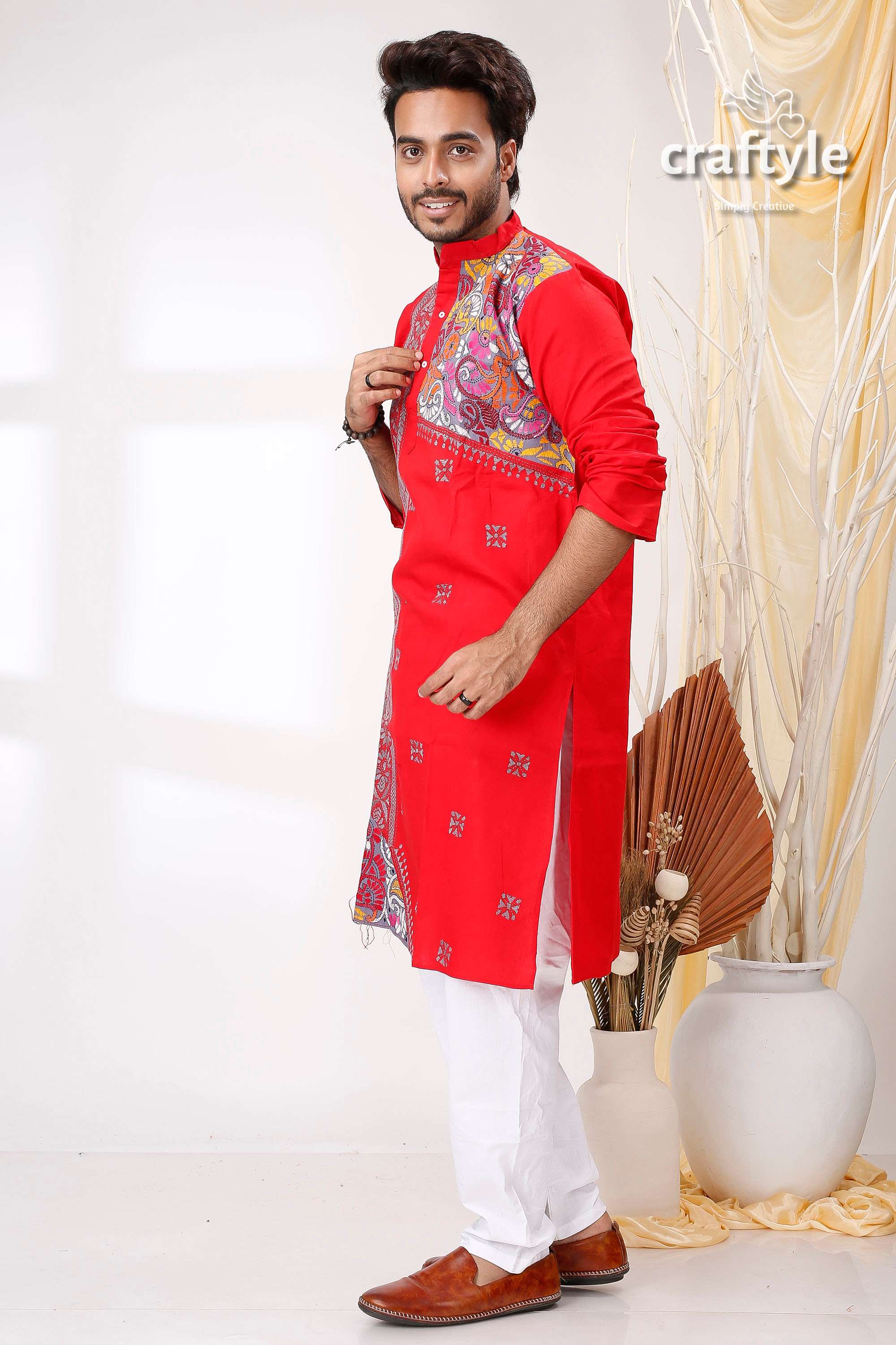 Radical Red and Grey Kantha Stitch Designer Cotton Panjabi for Men - Craftyle